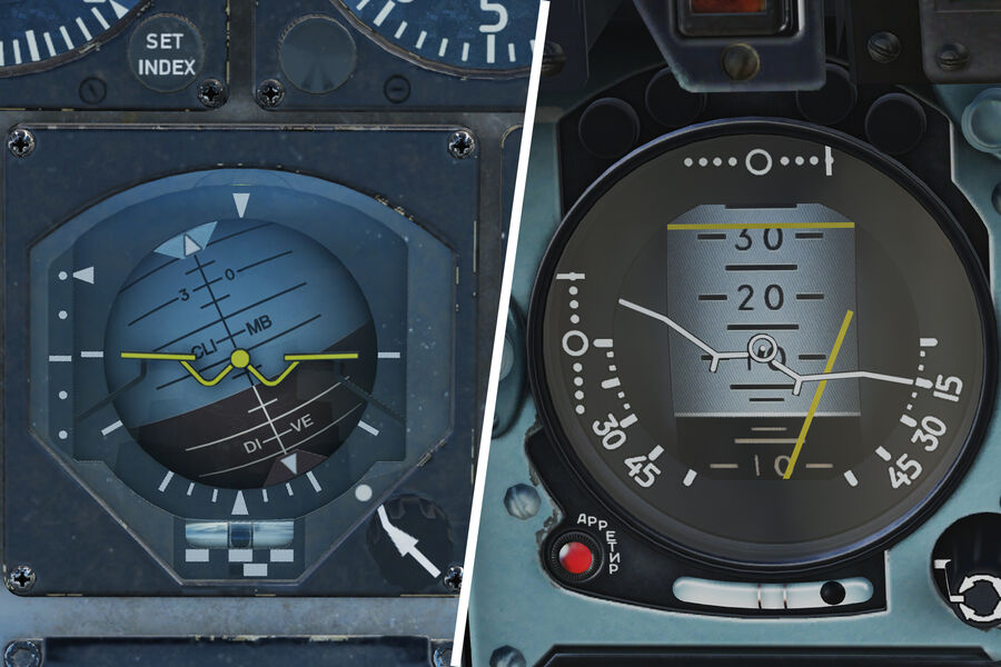 Авиагоризонты самолетов F-16 (слева) и Су-27 (справа). Крен и тангаж обоих самолетов примерно одинаков, но индицируется это по-разному.