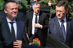 Министр транспорта Андрей Никитин, заместители председателя правительства РФ Марат Хуснуллин и Александр Новак (слева направо) на церемонии прощания с бывшим министром транспорта Романом Старовойтом в ЦКБ, Москва, 10 июля 2025 года