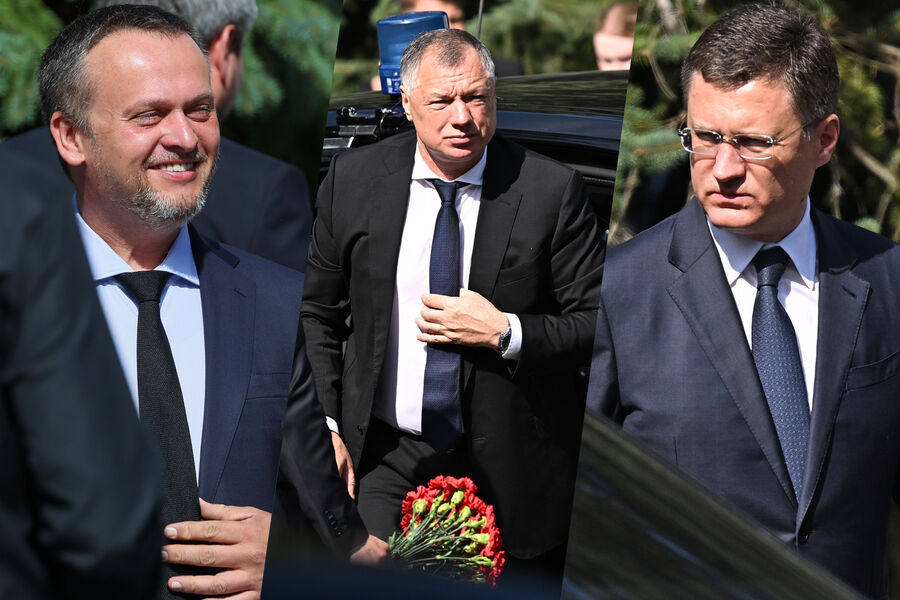 Министр транспорта Андрей Никитин, заместители председателя правительства РФ Марат Хуснуллин и Александр Новак (слева направо) на&nbsp;церемонии прощания с&nbsp;бывшим министром транспорта Романом Старовойтом в&nbsp;ЦКБ, Москва, 10&nbsp;июля 2025&nbsp;года