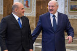Премьер-министр России Михаил Мишустин и президент Белоруссии Александр Лукашенко во время встречи во Дворце Независимости в Минске, 3 сентября 2020 года
