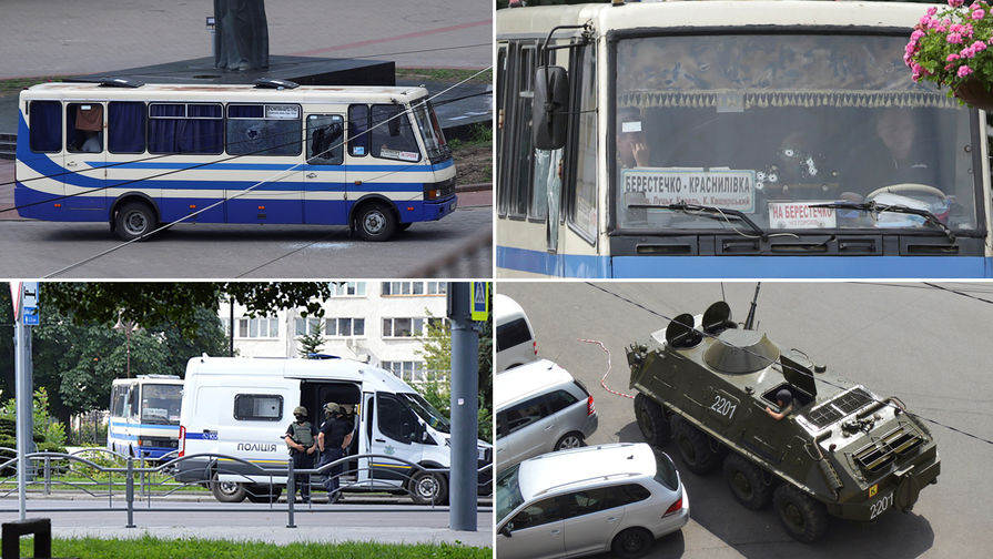 Ситуация на месте захвата заложников в пассажирском автобусе в центре Луцка, 21 июля 2020 года 