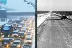Слева вид на МКАД в 2013 году, справа вид на МКАД в 1960 году