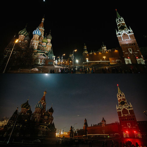 Московский Кремль до&nbsp;и после отключения подсветки в&nbsp;рамках экологической акции &laquo;Час Земли&raquo;