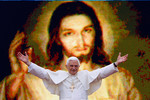 Папа Бенедикт XVI приветствует молодежь в Кракове на фоне гигантского изображения Иисуса Христа