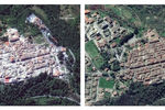 Разрушения в Аматриче: спутниковые снимки сделаны 25 августа 2016 года (слева) и 21 апреля 2014 года (справа)