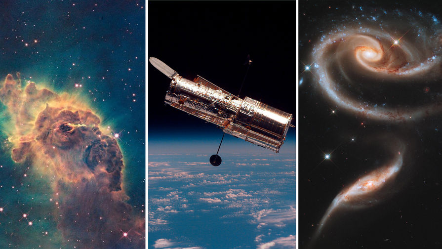 Космический телескоп «Хаббл» (в центре) и его снимки