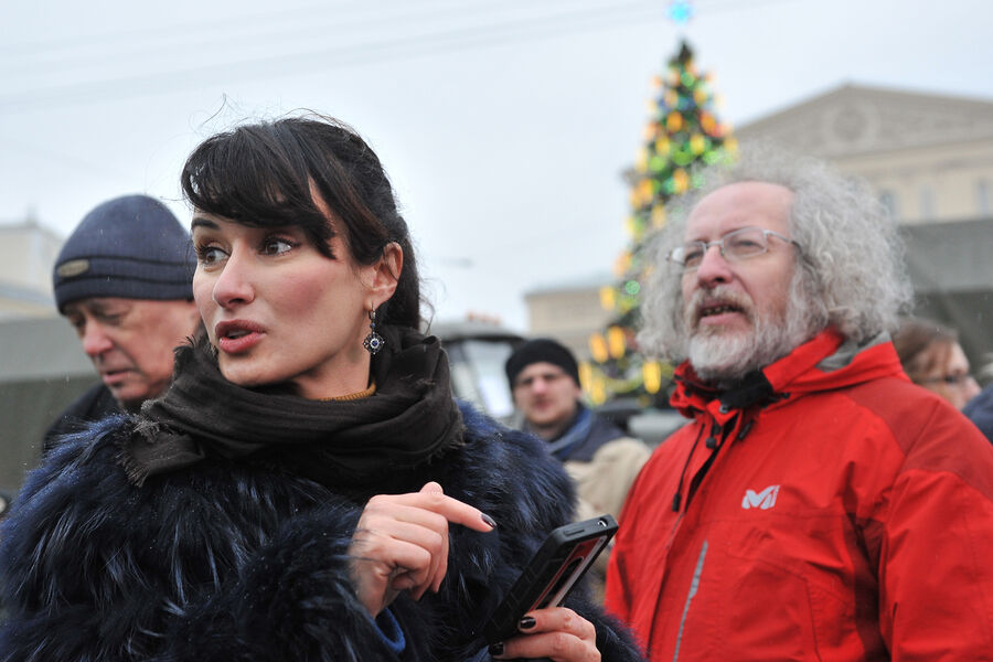 Тина Канделаки и главный редактор радиостанции &laquo;Эхо Москвы&raquo; Алексей Венедиктов (признан в РФ иностранным агентом) на&nbsp;акции протеста в&nbsp;Москве, 2011&nbsp;год
