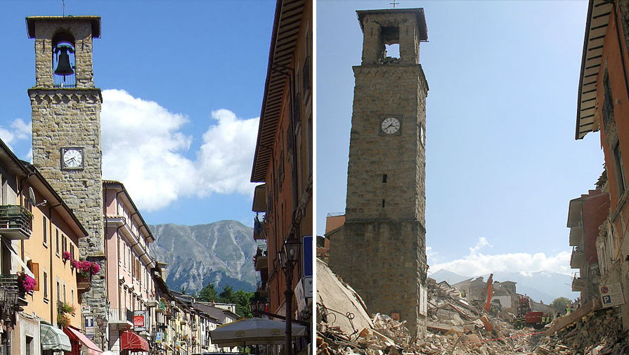Улица небольшого города Аматриче до&nbsp;и после землетрясения