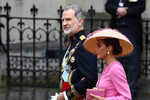 Король Испании Филипп VI и королева Летиция прибывают на церемонию коронации британского короля Карла III и королевы Камиллы в Вестминстерском аббатстве, 6 мая 2023 года