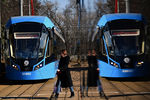 Новые российские трамваи «Витязь-М» в трамвайном депо имени Баумана в Москве