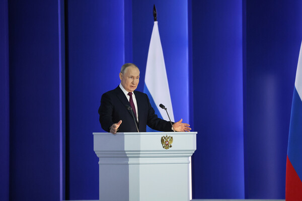 Президент РФ Владимир Путин выступает с ежегодным посланием Федеральному собранию, 21 февраля 2023 года