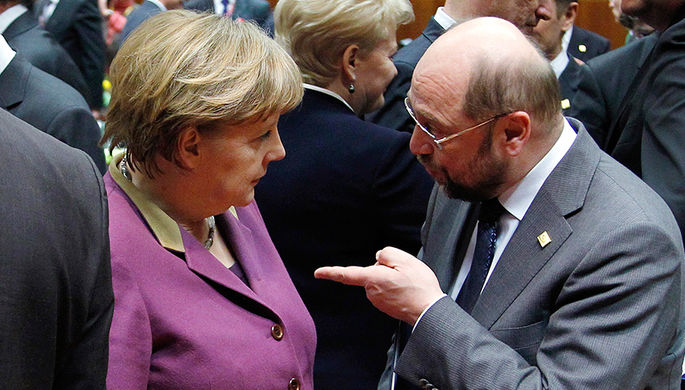 Канцлер ФРГ Ангела Меркель и глава Европарламента Мартин Шульц, 2012 год