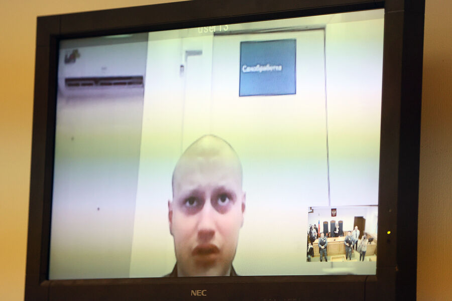 Изображение блогера Николая Лебедева (Некоглай) на экране в Мосгорсуде во время рассмотрения его жалобы на решение Пресненского суда, 11 ноября 2022 года