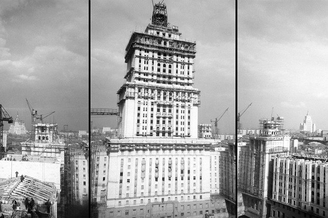 Строительство гостиницы «Украина» на Дорогомиловской набережной в Москве, 1953 год
