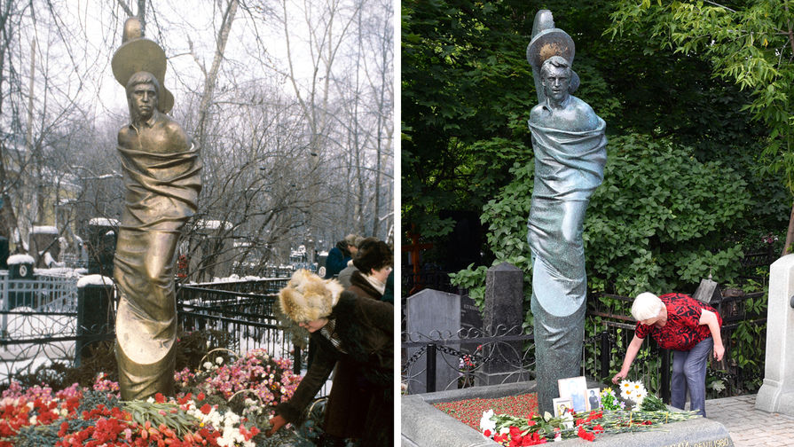 Памятник Владимиру Высоцкому на&nbsp;Ваганьковском кладбище в&nbsp;Москве в&nbsp;1987 и 2020 годах, коллаж