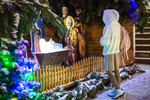 Девушка около рождественского вертепа на территории Луганского Свято-Петропавловского кафедрального собора, где проходит праздничное богослужение по случаю Рождества Христова