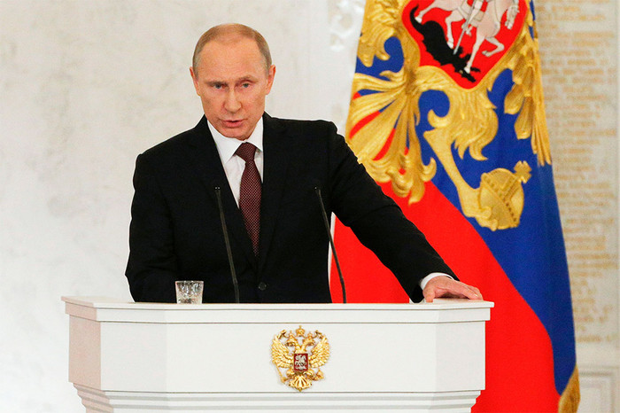 Владимир Путин во время выступления с&nbsp;обращением к&nbsp;Федеральному собранию по&nbsp;поводу ситуации в&nbsp;Крыму