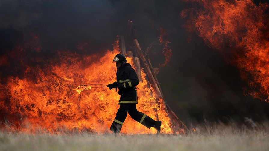 Сотрудник МЧС России на учениях по ликвидации последствий лесных пожаров в Подмосковье, апрель 2017 года
