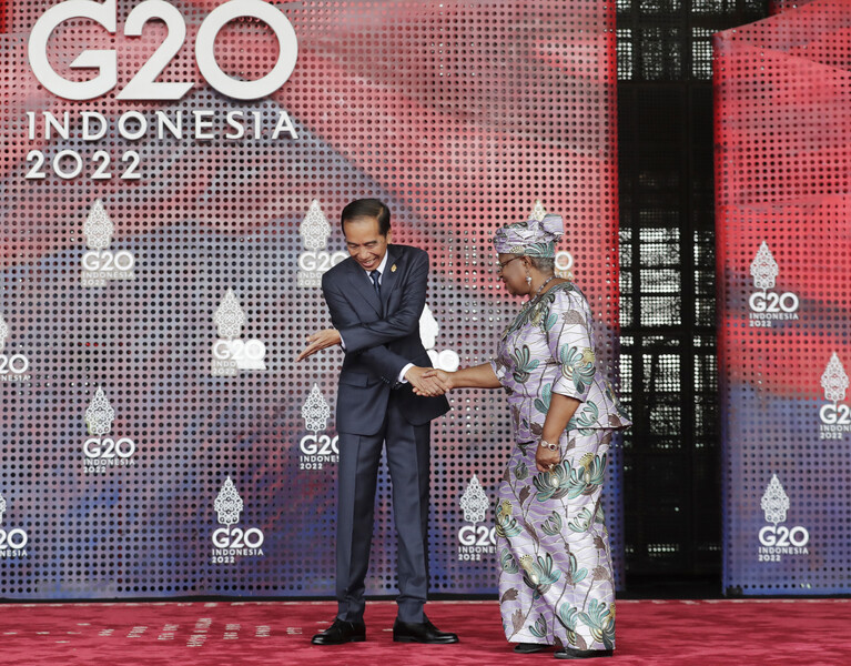 Президент Индонезии Джоко Видодо (справа) и генеральный директор Всемирной торговой организации Нгози Оконджо-Ивеала во время саммита лидеров G20 на&nbsp;Бали, Индонезия, 15&nbsp;ноября 2022&nbsp;года