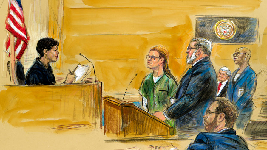Россиянка Мария Бутина и ее адвокат Роберт Дрисколл во время слушаний в Вашингтоне, 13 декабря 2018 года. Судебная зарисовка