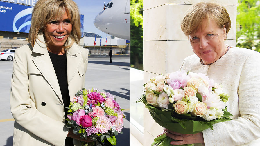 Супруга президента Франции Эммануэля Макрона Бриджит и федеральный канцлер Германии Ангела Меркель (коллаж)