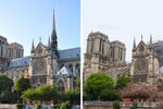 Вид на Собор Парижской Богоматери весной 2019 года (слева) и весной 2020 года (справа)