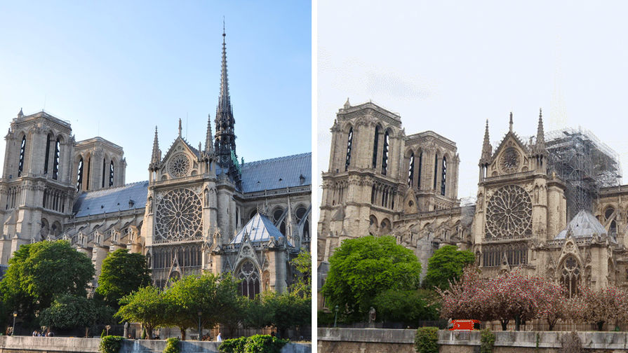 Вид на&nbsp;Собор Парижской Богоматери весной 2019 года (слева) и весной 2020 года (справа)