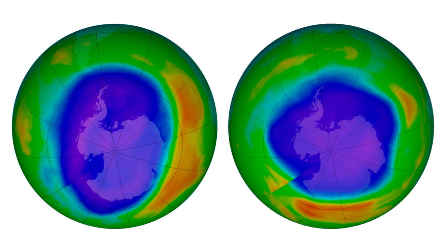 Озоновый слой над Антарктидой в сентябре 2000 года и сентябре 2018 года