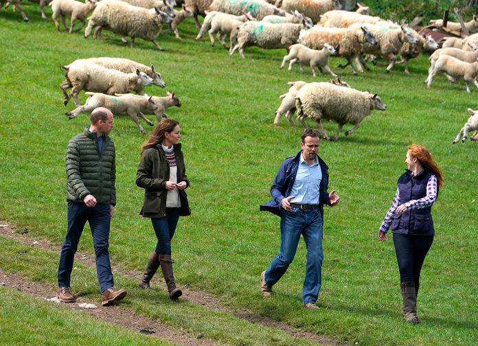 Кейт Миддлтон и принц Уильям во время посещения семейной фермы в Литтл-Стейнтоне, Великобритания, 27 апреля 2021 года
