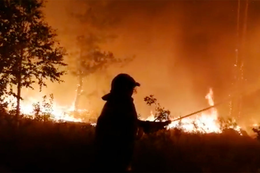 Сотрудники МЧС во время тушения лесного пожара, 9 июля 2021 года
