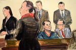 Наркобарон Хоакин «Эль Чапо» Гусман и его адвокат на заседании, традиционный рисунок из зала суда, 3 февраля 2017 года