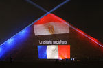 Древнеегипетская пирамида Хеопса на плато Гиза в Каире, подсвеченная цветами французского и египетского флагов во время акции памяти жертв