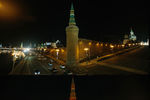Вид на Беклемишевскую (Москворецкую) башню Московского Кремля до и после отключения подсветки в рамках экологической акции «Час Земли»