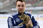 Сотрудник хоккейного клуба «Адмирал» Михаил Быков держит в руках кошку, ставшую талисманом хоккейного клуба «Адмирал»