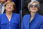 Канцлер Германии и премьер-министр Великобритании столкнулись с типичной женской проблемой — пришли на одно мероприятие в одинаковых вещах. Ангела Меркель и Тереза Мэй на саммите НАТО, 11 июля 2018 года (коллаж)