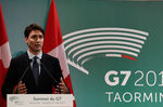Премьер-министр Канады Джастин Трюдо дает пресс-конференцию по итогам саммита G7 в Таормине, Сицилия, Италия, 27 мая 2017 года
