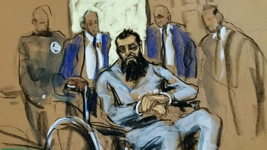 Подозреваемый в исполнении теракта на Манхэттене Сайфулло Саипов на рисунке из зала суда в Нью-Йорке, 1 ноября 2017 года