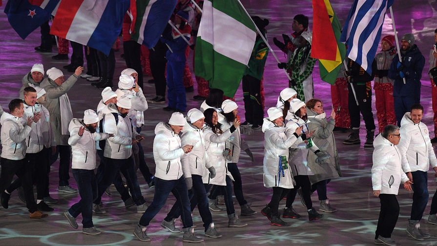 Российские спортсмены на&nbsp;церемонии закрытия XXIII зимних Олимпийских игр в&nbsp;Пхенчхане
