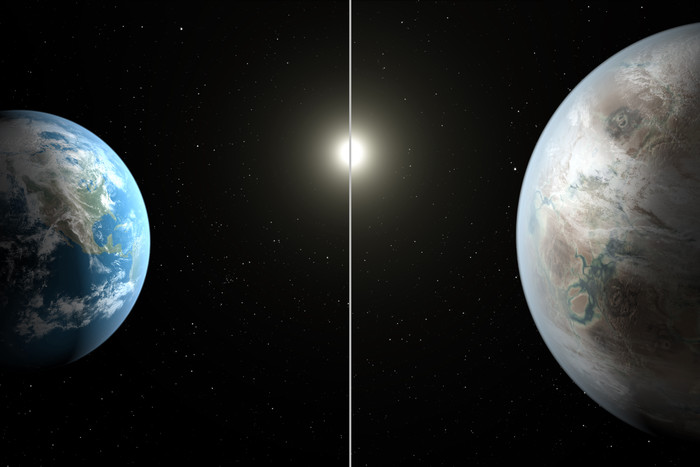 Земля (слева) и вероятный вид «второй Земли», представление художника