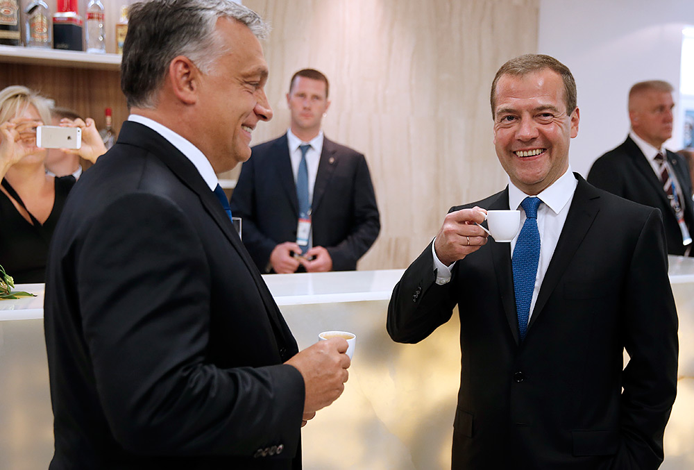 Премьер-министр РФ Дмитрий Медведев и премьер-министр Венгрии Виктор Орбан перед соревнованиями по плаванию на XVI чемпионате мира по водным видам спорта