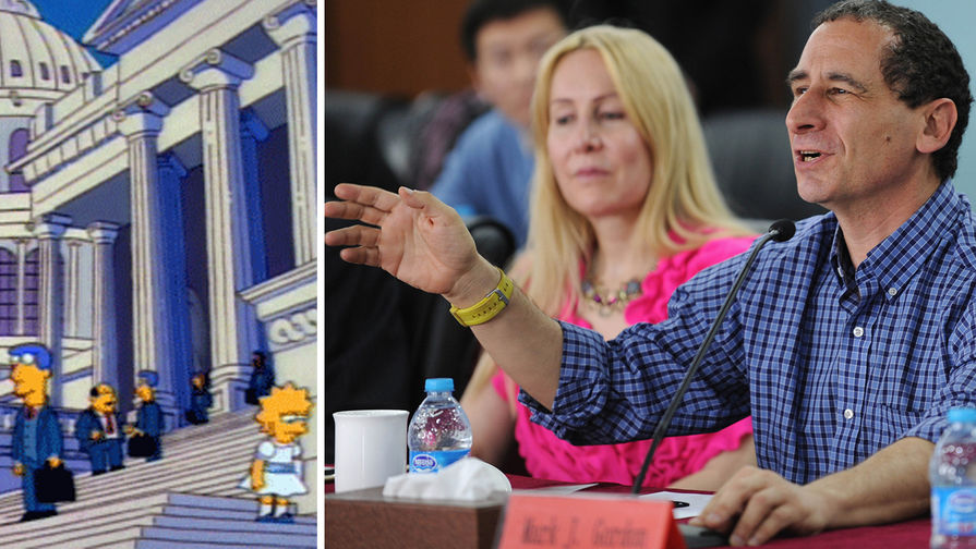 Кадр из «Симпсонов» и сценарист Майк Рейсс во время лекции в Пекине, коллаж