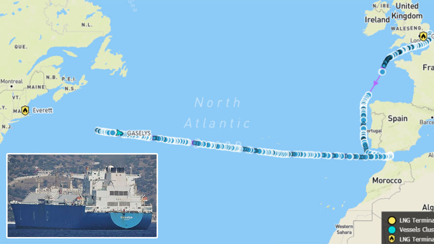 Танкер Gaselys и путь судна через Атлантику, коллаж «Газеты.Ru»