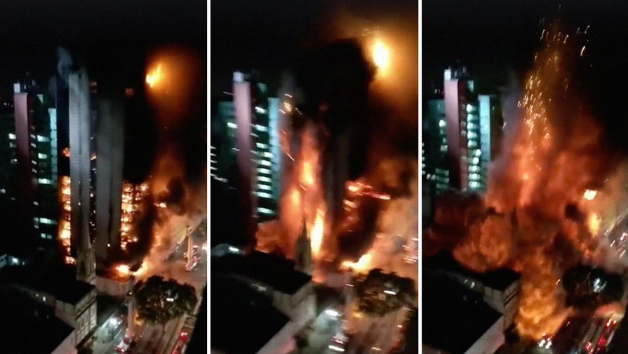 Момент обрушения здания в&nbsp;бразильском Сан-Паулу после пожара, 1 мая 2018 года. Коллаж из&nbsp;кадров видео