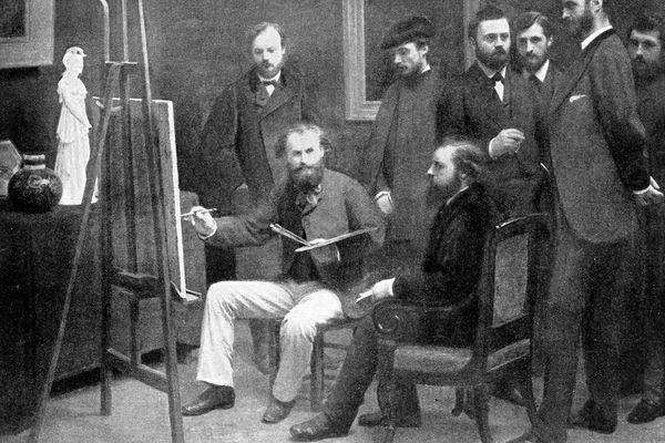 Эдуард Мане в своей студии в окружении французских художников и писателей 19 века