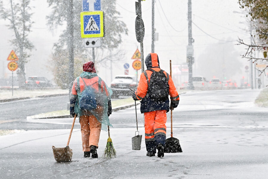 Сотрудники коммунальных служб во время снегопада на&nbsp;Ленинском проспекте в&nbsp;Москве, 14&nbsp;октября 2024&nbsp;года