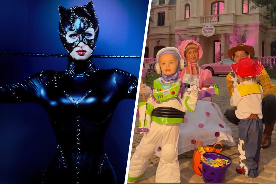 Пэрис Хилтон в&nbsp;образе женщины-кошки (слева) и c семьей в&nbsp;образах из&nbsp;мульфильма &laquo;История игрушек&raquo;