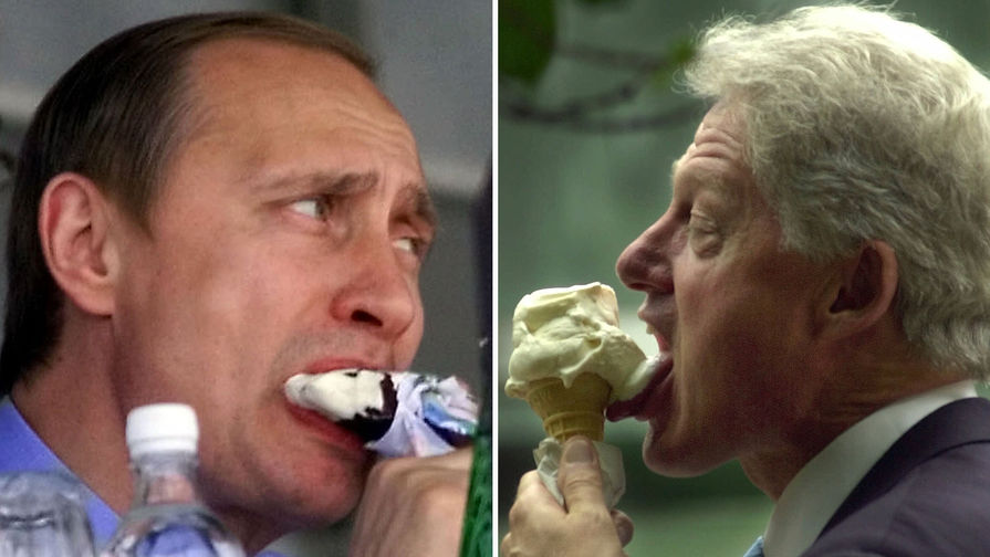 Президенты России и США Владимир Путин и Билл Клинтон с&nbsp;мороженым. Фотографии сделаны в&nbsp;Пенсильвании и Нижнем Тагиле в&nbsp;июле 2000&nbsp;года, коллаж