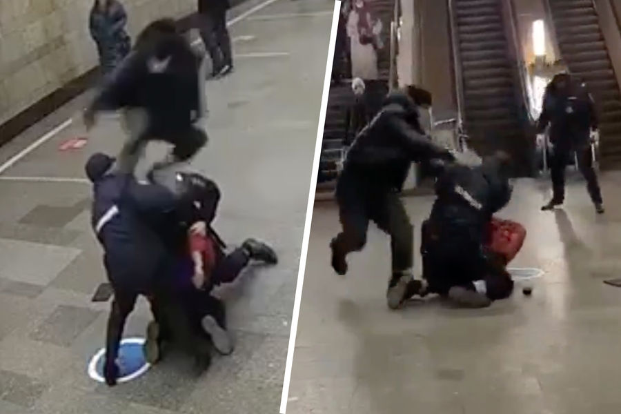 Нападение на полицию на станции метро «Тульская» (коллаж, кадры из видео)