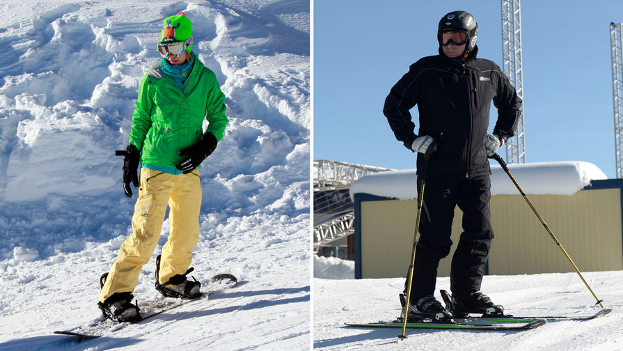 Ксения Собчак и Владимир Путин на сноуборде и лыжах, коллаж «Газеты.Ru»