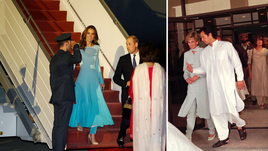 Принцесса Диана в Пакистане в 1996 году и герцогиня Кембриджская Кэтрин в 2019 году, коллаж